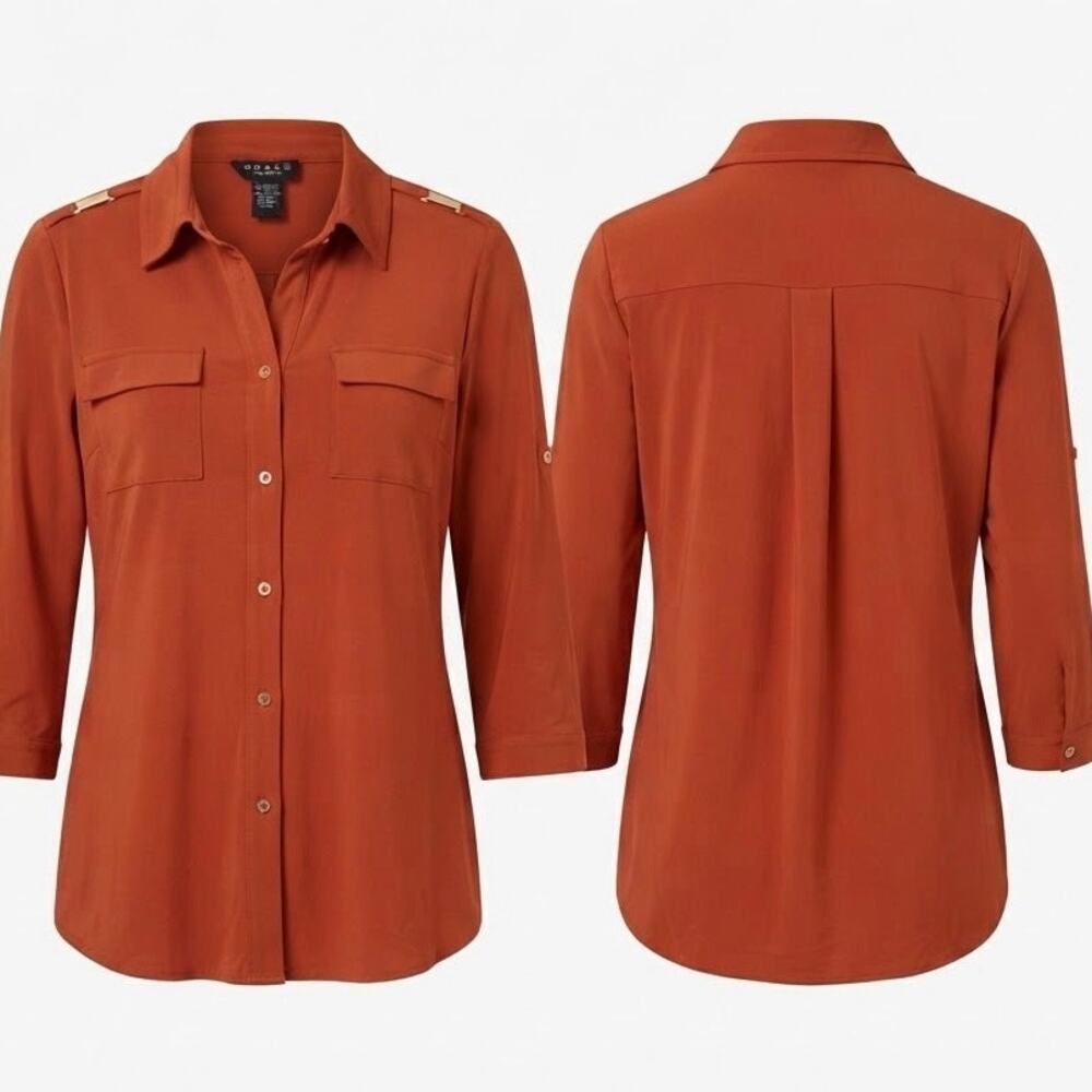 NWT Grace Cinnabar Rust Button-Down Shirt Blouse Roll-Tab Sleeves Size S